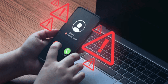 A phone screen displaying a scam or fraud warning for an incoming call, with red alert icons overlayed.